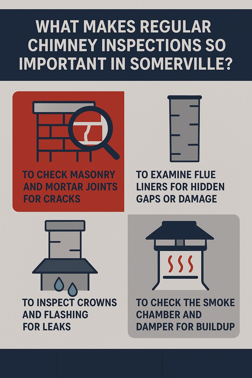 original infographic with a dark blue and gray color scheme and bold white text at the top reading “What Makes Regular Chimney Inspections So Important in Somerville?” The layout is divided into four illustrated sections. The top left box has a red background with an icon of a brick wall and magnifying glass showing a crack, labeled “To check masonry and mortar joints for cracks.” The top right shows a gray flue pipe with the caption “To examine flue liners for hidden gaps or damage.” The bottom left displays a chimney with water drops beneath it on a light gray background, labeled “To inspect crowns and flashing for leaks.” The bottom right has a gray box with a chimney emitting three red wavy lines representing heat, captioned “To check the smoke chamber and damper for buildup.”<br /> 