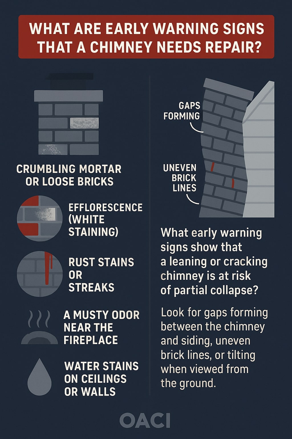 original infographic showing the title “What Are Early Warning Signs That a Chimney Needs Repair?” in bold white text on a dark red banner across the top. The background is dark blue with white and gray illustrations and text. On the left side, it lists common warning signs such as “Crumbling mortar or loose bricks,” “Efflorescence (white staining),” “Rust stains or streaks,” “A musty odor near the fireplace,” and “Water stains on ceilings or walls,” each paired with simple gray or red icons representing the issue. On the right side, an illustration of a leaning chimney labeled “Gaps forming” and “Uneven brick lines” accompanies text explaining that these can indicate a risk of partial collapse. The design uses white and gray typography with red accents, and the bottom features the acronym “OACI” in light gray.<br />
